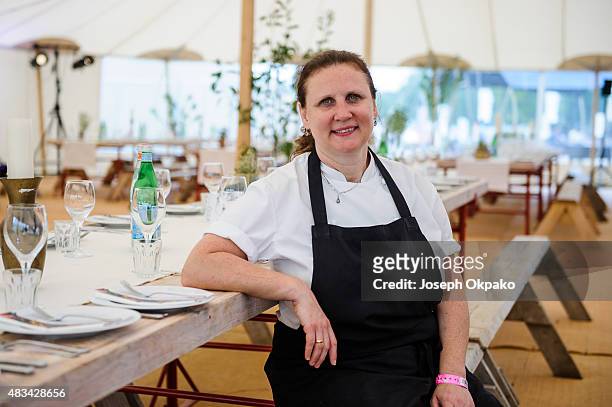 Chef Angela Hartnett poses in the banquet hall on Day 1 of Wilderness festival on August 7, 2015 in Oxford, United Kingdom.