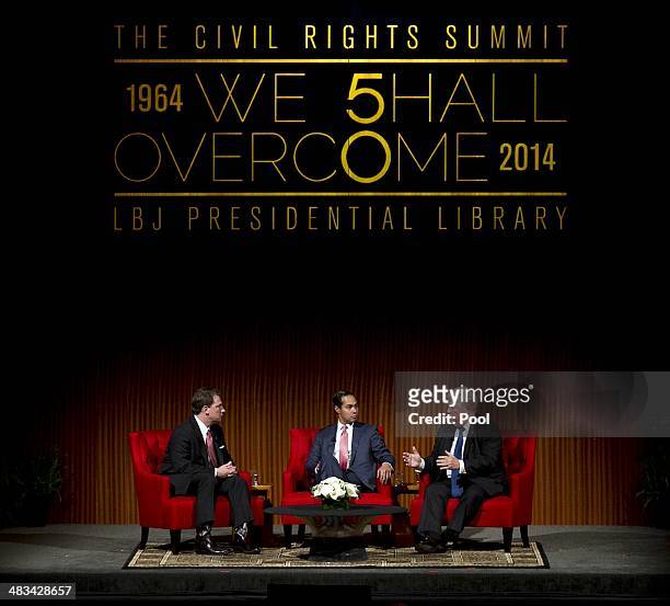 From left, Moderator Brian Sweany, Senior Executive Editor at Texas Monthly, left, and Mayor of San Antonio, Julian Castro, center, listens to former...