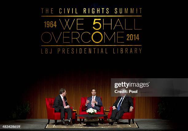 From left, Moderator Brian Sweany, Senior Executive Editor at Texas Monthly, left, and Mayor of San Antonio, Julian Castro, center, listens to former...