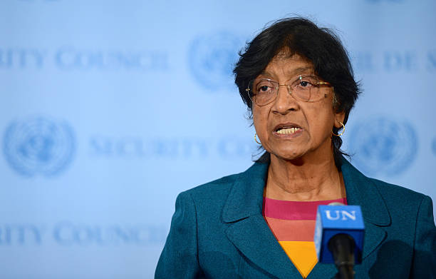 United Nations High Commissioner for Human Rights Navi Pillay holds a press conference at the Security Council in New York, United States, on April...