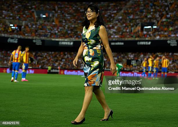 Valencia president Lay Hoon Chan walks off the pitch prior to the pre-season friendly match between Valencia CF and AS Roma at Estadio Mestalla on...