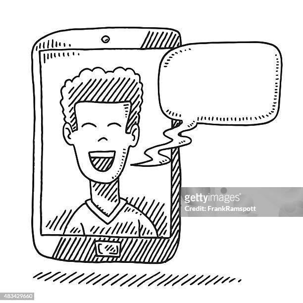 ilustrações, clipart, desenhos animados e ícones de feliz homem falando no smartphone com tela de desenho - smiley faces