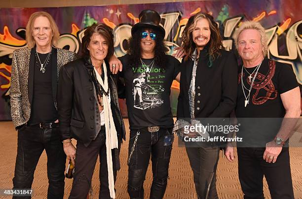 Joe Perry, Tom Hamilton, Slash, Steven Tyler and Joey Kramer attend Aerosmith's summer "Let Rock Rule" tour launch at Whisky a Go Go on April 8, 2014...