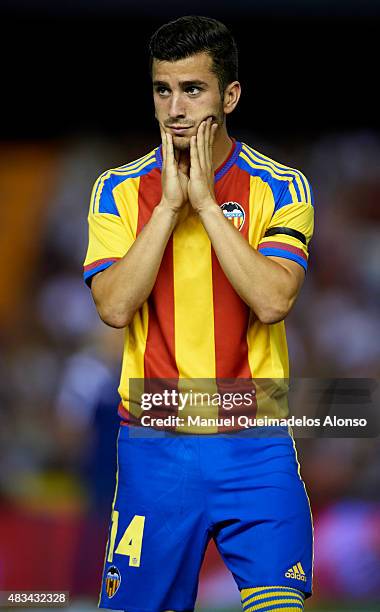 Jose Gaya of Valencia reacts prior to the pre-season friendly match between Valencia CF and AS Roma at Estadio Mestalla on August 8, 2015 in...