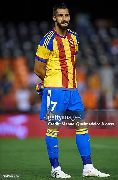 Alvaro Negredo of Valencia looks before the pre-season friendly match between Valencia CF and AS Roma at Estadio Mestalla on August 8, 2015 in...