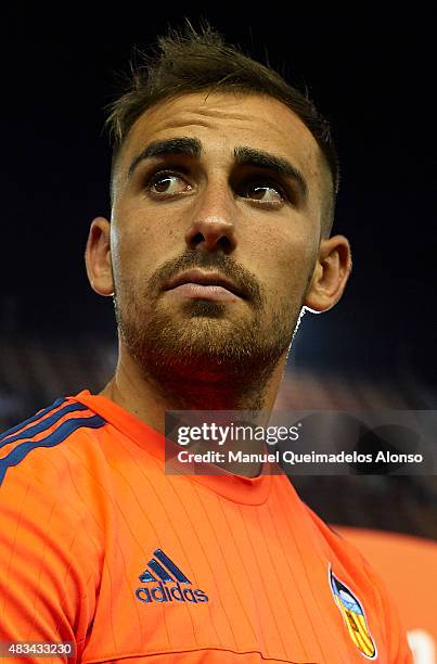 Paco Alcacer of Valencia looks after the pre-season friendly match between Valencia CF and AS Roma at Estadio Mestalla on August 8, 2015 in Valencia,...