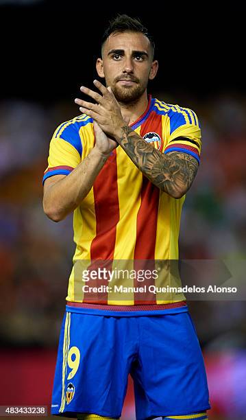 Paco Alcacer of Valencia waves prior to the pre-season friendly match between Valencia CF and AS Roma at Estadio Mestalla on August 8, 2015 in...