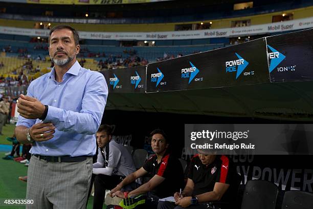 Gustavo Matosas coach of Atlas looks on during a 3rd round match between Atlas and Monterrey as part of the Apertura 2015 Liga MX at Jalisco Stadium...