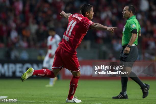 Isaac Esquivel of Toluca celebrates after scoring during a semifinal match between Toluca and Alajuelense as part of the CONCACAF Liga de Campeones...