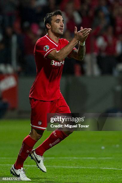 Juan Manuel Salgueiro of Toluca celebrates after scoring during a semifinal match between Toluca and Alajuelense as part of the CONCACAF Liga de...