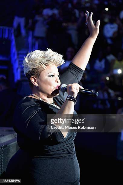 Tamela J. Mann performs at the 2015 Ford Neighborhood Awards Hosted By Steve Harvey at Phillips Arena on August 8, 2015 in Atlanta, Georgia.