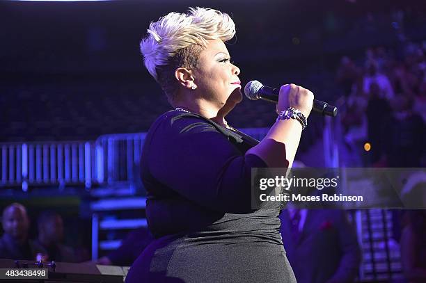 Tamela J. Mann performs at the 2015 Ford Neighborhood Awards Hosted By Steve Harvey at Phillips Arena on August 8, 2015 in Atlanta, Georgia.