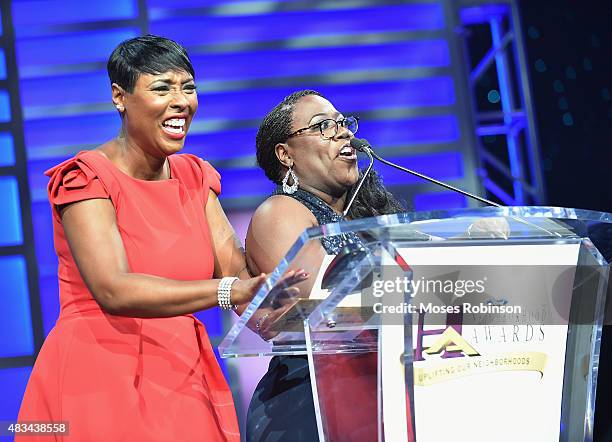 Carla Ferrell and Sheryl Underwood speak at the 2015 Ford Neighborhood Awards Hosted By Steve Harvey at Phillips Arena on August 8, 2015 in Atlanta,...