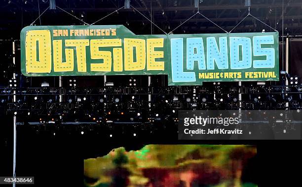 Signage is seen at the Lands End Stage during day 2 of the 2015 Outside Lands Music And Arts Festival at Golden Gate Park on August 8, 2015 in San...