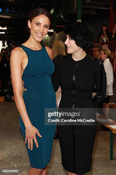 Rachael Finch and musician Megan Washington attend the Dion Lee show during Mercedes-Benz Fashion Week Australia 2014 at 7 Danks Street, Waterloo on...