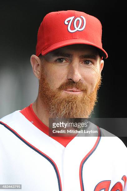 Adam LaRoche of the Washington Nationals looks on during a baseball against the Miami Marlins on April 8, 2014 at Nationals Park in Washington, DC....