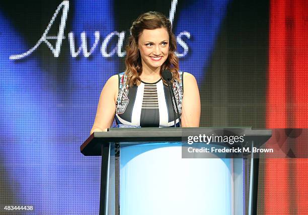 Writer Christine Nangle, on behalf of Amy Schumer, accepts the TCA Award for Individual Achievement in Comedy for 'Inside Amy Schumer' onstage at the...