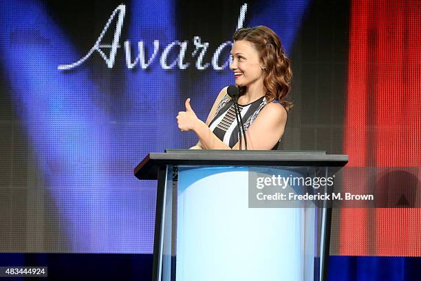 Writer Christine Nangle, on behalf of Amy Schumer, accepts the TCA Award for Outstanding Achievement in Comedy for 'Inside Amy Schumer' onstage at...