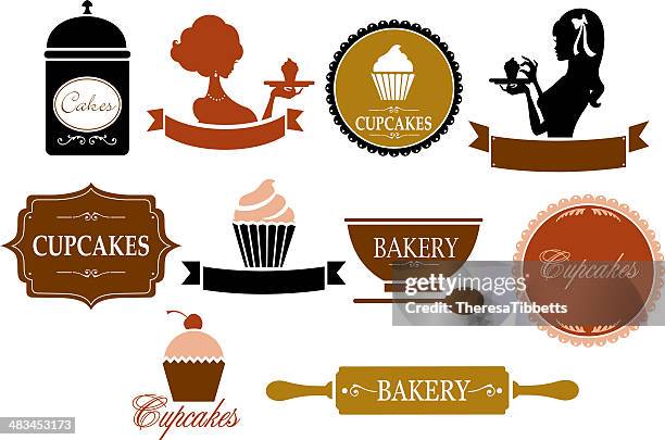 stockillustraties, clipart, cartoons en iconen met retro cupcake and bakery labels - deegrol