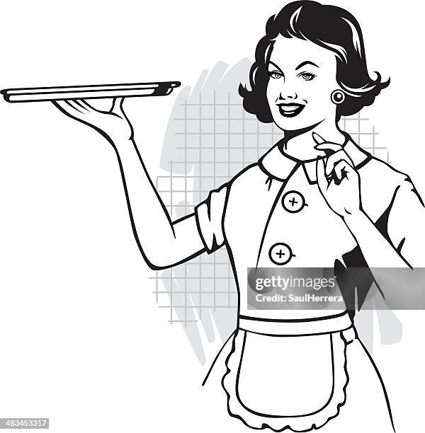 frau mit tablett - kellner stock-grafiken, -clipart, -cartoons und -symbole