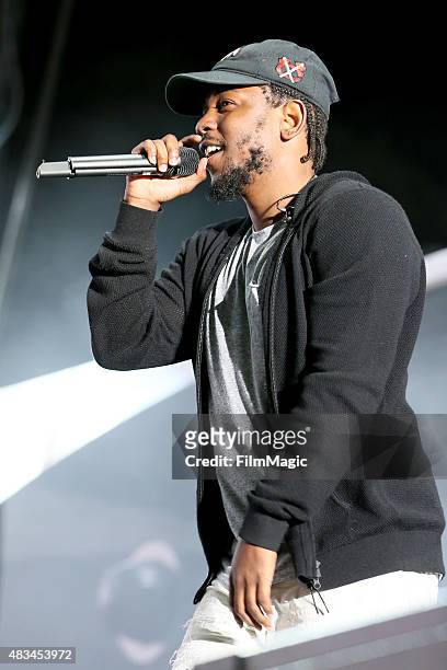 Rapper Kendrick Lamar performs at the Twin Peaks Stage during day 2 of the 2015 Outside Lands Music And Arts Festival at Golden Gate Park on August...