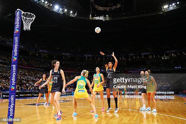 Maria Tutaia of New Zealand shoots during the 2015 Netball World Cup match between Australia and New Zealand at Allphones Arena on August 9, 2015 in...