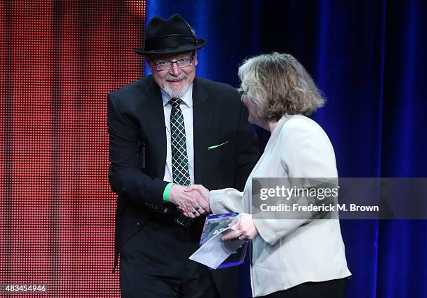 Executive producer Barbara Gaines accepts the TCA Heritage Award for the 'Late Show with David Letterman' from TCA President Scott D. Pierce onstage...