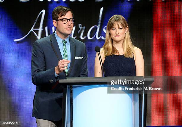 Erik Adams of The A.V. Club and Variety's Laura Prudom present the TCA Award for Outstanding Achievement in Reality Programming onstage at the 31st...