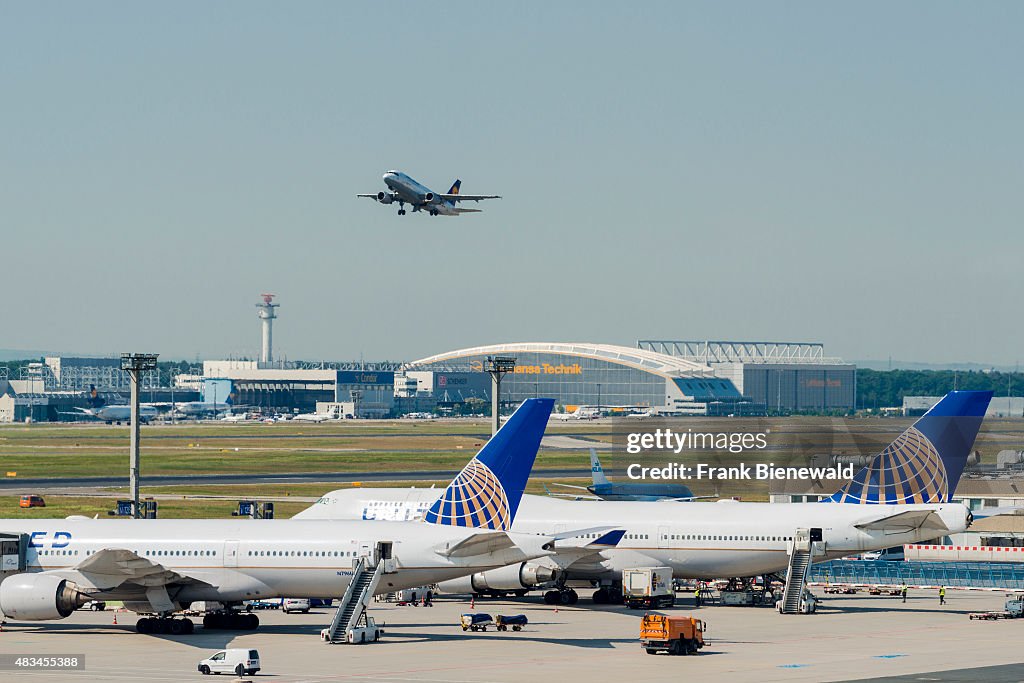 An aeroplane of the airline Lufthansa is taking off at...
