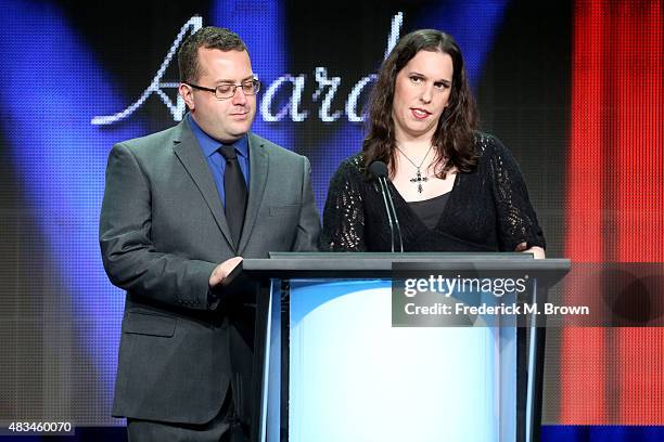 Eric Goldman of IGN.com Collider's Christina Radish present the TCA Award for Individual Achievement in Drama onstage during the 31st annual...