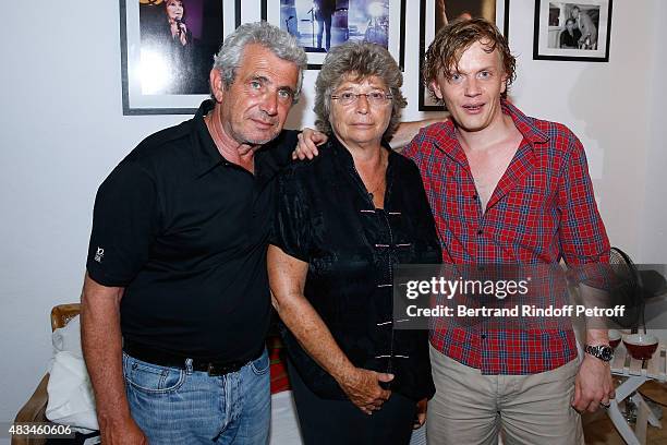 Artistic Director of the Festival Michel Boujenah, President of Ramatuelle Festival Jacqueline Franjou and Humorist Alex Lutz pose Backstage after...