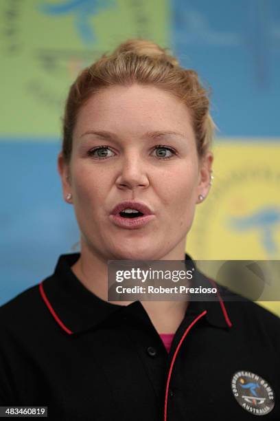 Discus thrower Dani Samuels speaks to the media during the announcement of the Australian Commonwealth Games athletics team at Lakeside Stadium on...