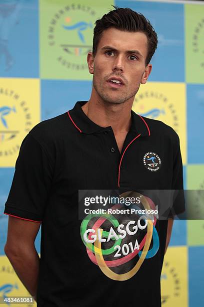 Track athlete Jeffrey Riseley speaks to the media during the announcement of the Australian Commonwealth Games athletics team at Lakeside Stadium on...