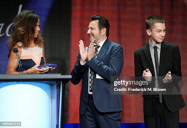 Actress Sherri Saum, executive producer Greg Gugliotta and actor Hayden Byerly accept the TCA Award for Outstanding Achievement in Youth Programming...