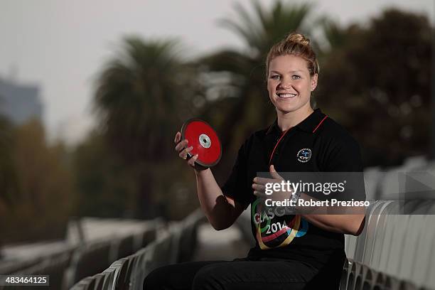 Discus thrower Dani Samuels poses for photos during the announcement of the Australian Commonwealth Games athletics team at Lakeside Stadium on April...