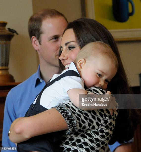 In this handout photo provided by Government House NZ, Prince William, Duke of Cambridge, Catherine, Duchess of Cambridge and Prince George of...