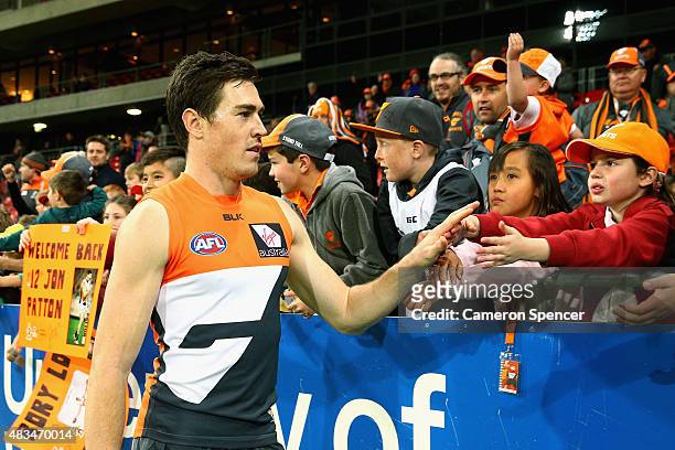 Jeremy Cameron of the Giants thanks fans after winning the round 19 AFL match between the Greater Western Sydney Giants and the Essendon Bombers at...