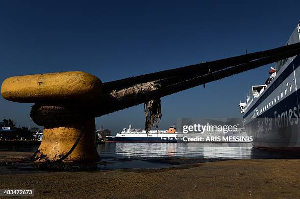Ferries are docked at the port of Piraeus during a 24-hour general strike in Athens on April 9, 2014. The boards of the General Confederation of...