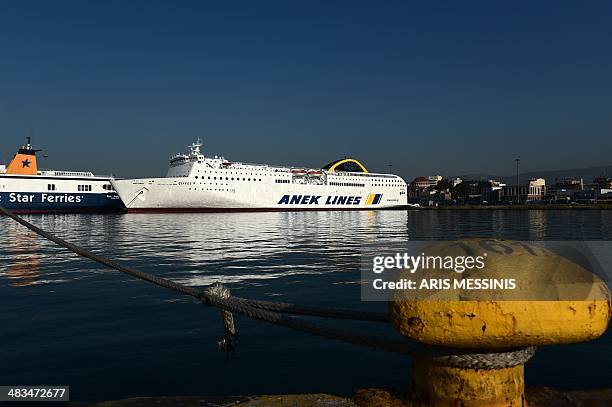 Ferries are docked at the port of Piraeus during a 24-hour general strike in Athens on April 9, 2014. The boards of the General Confederation of...