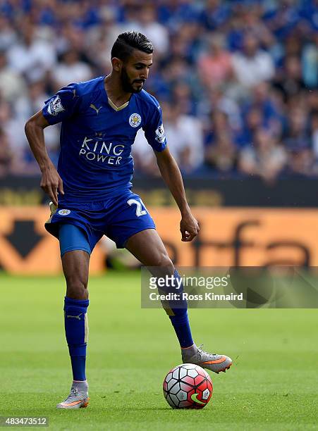Riyad Mahrez of Leicester City in action during the Barclays Premier League match between Leicester City and Sunderland at the King Power Stadium on...