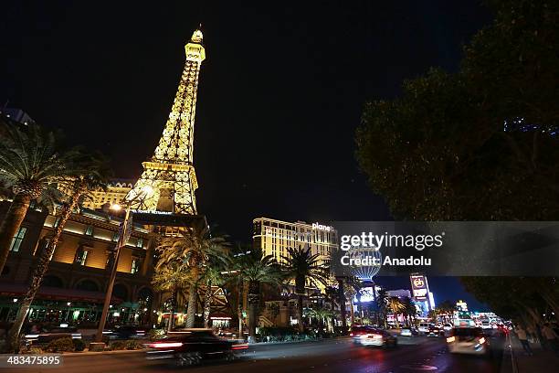 The replica of the Effiel Tower located outside the Paris Las Vegas hotel & casino is seen on April 3, 2014 in Las Vegas, United States. With the...