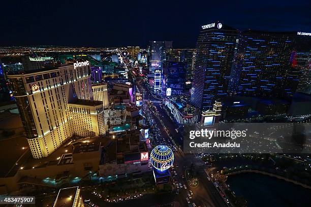 Hotels and casinos are seen on April 3, 2014 in Las Vegas, United States. With the replica of the Effiel Tower located outside the Paris Las Vegas...