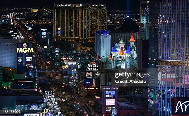 Hotels and casinos are seen on April 3, 2014 in Las Vegas, United States. With the replica of the Effiel Tower located outside the Paris Las Vegas...