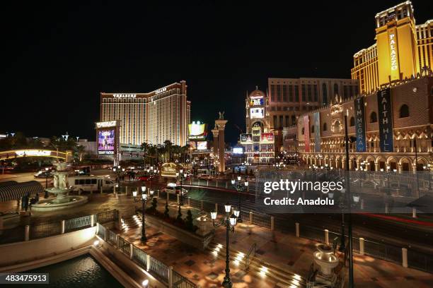 Hotels and casinos are seen on April 2, 2014 in Las Vegas, United States. With the replica of the Effiel Tower located outside the Paris Las Vegas...