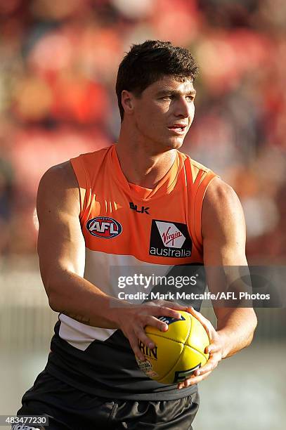 Jonathon Patton of the Giants in action during the round 19 AFL match between the Greater Western Sydney Giants and the Essendon Bombers at Spotless...