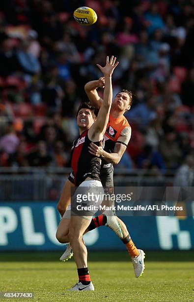 Nathan Wilson of the Giants competes for a mark during the round 19 AFL match between the Greater Western Sydney Giants and the Essendon Bombers at...