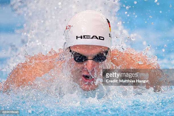 Steffen Deibler of Germany competes in the Men's 4x100m Medley Relay on day sixteen of the 16th FINA World Championships at the Kazan Arena on August...