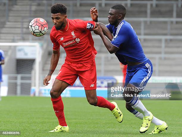 Jerome Sinclair of Liverpool and Fikayo Tomori of Chelsea in action during the Liverpool v Chelsea U21 Premier League game at Langtree Park on August...