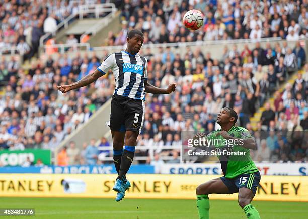 Georginio Wijnaldum of Newcastle United heads in their second goal during the Barclays Premier League match between Newcastle United and Southampton...