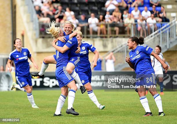 Gilly Flaherty of Chelsea Ladies FC celebrates scoring the second goal during the FA Women's Super League match between Chelsea Ladies FC and...